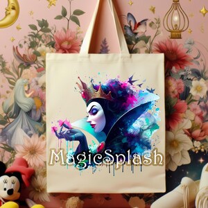 May include: Cream-colored tote bag featuring a watercolor illustration of a queen with a crown, holding pink flowers. The design includes vibrant blues, purples, and pinks, with the text "MagicSplash" in a gold font. The bag has a simple, sturdy design.