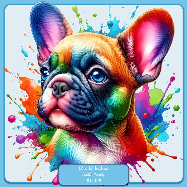 Rainbow French Bulldog Watercolor Splash, Clipart Images, Graphics and Artwork, Rainbow Aesthetic, PNG Animal Watercolor Images