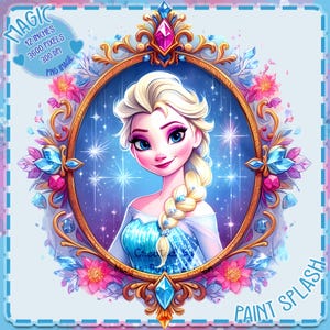 Può includere: Un'illustrazione digitale di una principessa dei cartoni animati con lunghi capelli biondi, che indossa un abito blu e bianco, incorniciata in una cornice dorata ornata con cristalli blu e rosa e fiori. Lo sfondo è un cielo stellato blu e viola.