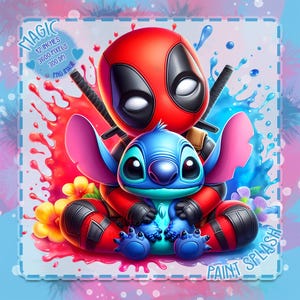 May include: A digital illustration featuring Deadpool and Stitch characters. Deadpool, in his red and black suit, embraces Stitch, who is blue with large ears. The background has red and blue paint splashes, with text that reads "MAGIC 12 inches 3600 pixels 300 DPI PNG IMAGE" and "PAINT SPLASH".
