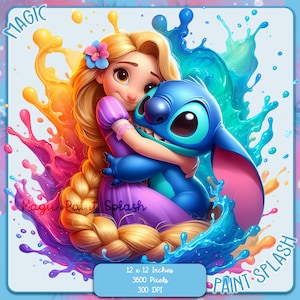 Rapunzel und Stitch Aquarell Splash, Clipart Bilder, Grafiken und Kunstwerke, Regenbogen Ästhetik, PNG süße kleine Prinzessin Bilder
