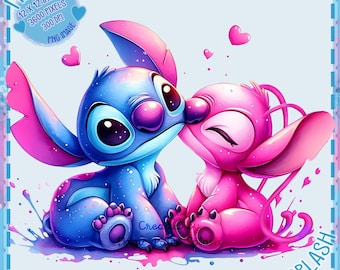 Stitch and Angel Kiss Watercolor PNG, Clipart Images, Rainbow Aesthetic, PNG Cute Stitch Images