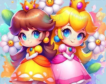 デイジーとピーチの水彩画クリップアート：レインボープリンセスの