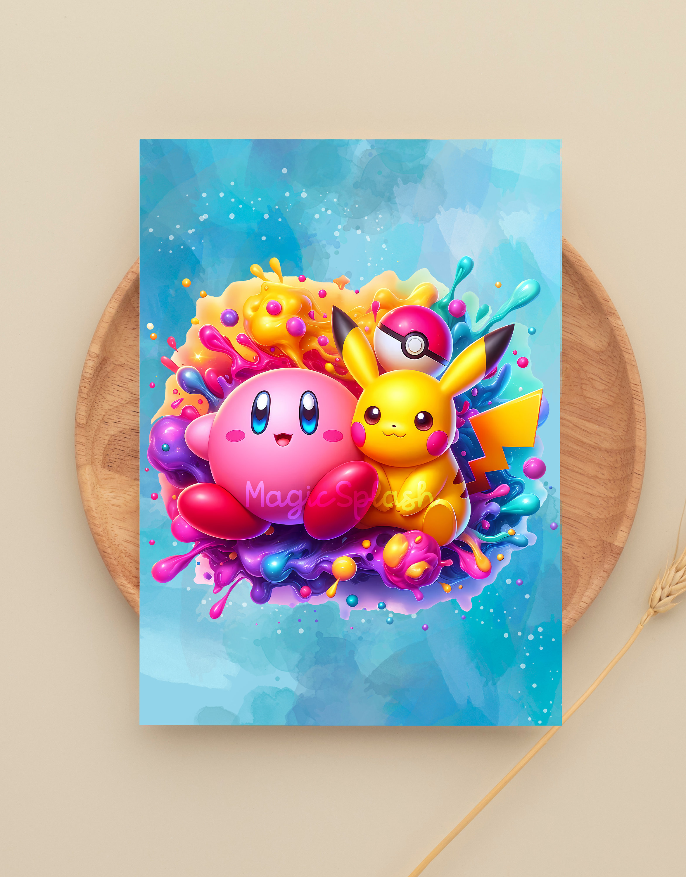 ピカチュウとカービィの水彩クリップアート、レインボースプラッシュ