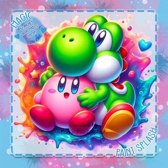 ヨッシーとカービィのクリップアート：レインボー水彩スプラッシュ