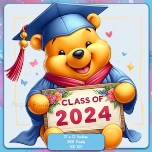 Image clipart Honey Bear Graduation 2024 avec un arrière-plan Aquarelle Splash, fichiers commerciaux, mignon ourson Winnie PNG Graphics