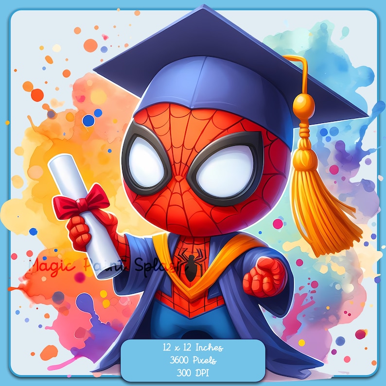 May include: A cartoon illustration of a red and blue Spiderman wearing a graduation cap and gown, holding a diploma scroll. The background is a colorful watercolor wash with splashes of pink, yellow, blue, and green.