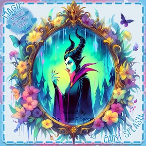 May include: A digital illustration of Maleficent, the villain from Disney's Sleeping Beauty, in a gold ornate frame with flowers. The background is a green and blue gradient with a forest scene. The text "MAGIC PAINT SPLASH" is at the bottom of the image.