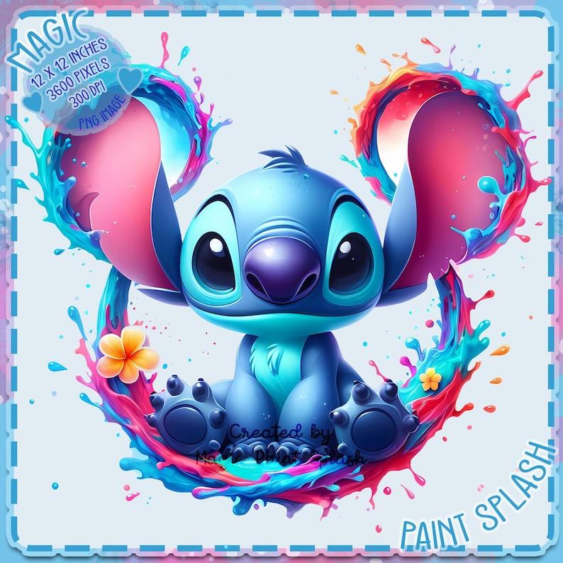 May include: A blue Stitch character from the Disney movie Lilo & Stitch sitting in a colorful paint splash. The paint is in shades of pink, blue, orange, and yellow. The background is light blue.