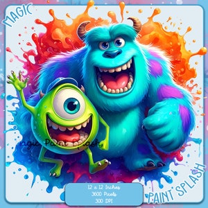 Mike und Sully Roar Aquarell Splash, Clipart-Bilder, Grafiken und Kunstwerke, Regenbogenästhetik, PNG süße Monsterbilder