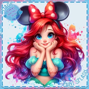 May include: A digital illustration of a red-haired cartoon character with blue eyes wearing a red bow and black mouse ears. The character is smiling and has her hands on her chin. The background is a watercolor wash of blue, pink, and purple.