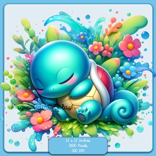 Sleepy Squirtle Watercolor Splash, Clipart Images, Graphics and Artwork, Rainbow Aesthetic, PNG Cute Pokemon Spring Images