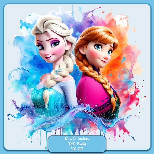 Anna and Elsa Watercolor Splash, Clipart Images, Graphics and Artwork, Rainbow Aesthetic, PNG Frozen Images