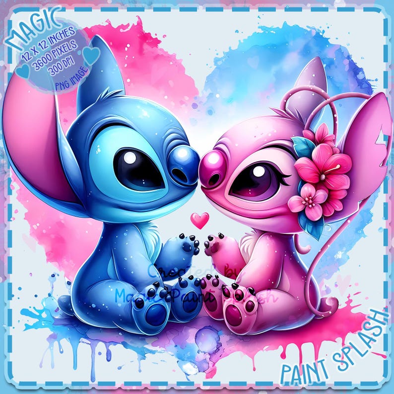 K&ouml;nnte beinhalten: Ein blaues und rosa Cartoon-Paar Stitch und Angel mit einem rosa Herzen dazwischen. Die Figuren sitzen auf einem blauen und rosa Aquarellhintergrund mit dem Text "PAINT SPLASH" unten rechts.