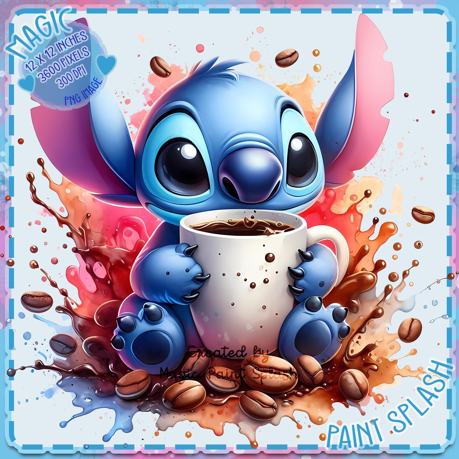 Stitch Coffee Watercolor Splash: Rainbow PNG Clipart (Digital Download)