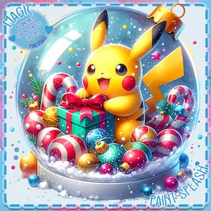 Globo de nieve de Pikachu con salpicaduras de acuarela navideñas, imágenes prediseñadas, gráficos y obras de arte, estética de arcoíris, imágenes PNG de personajes lindos de Pokémon