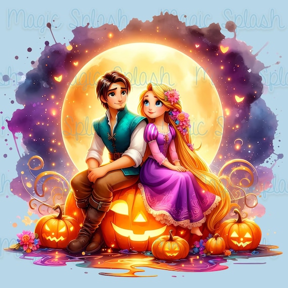 ラプンツェル　いやしの賜物　ホロ加工 ラプンツェルとフリンのハロウィーン PNG：水彩クリップアート