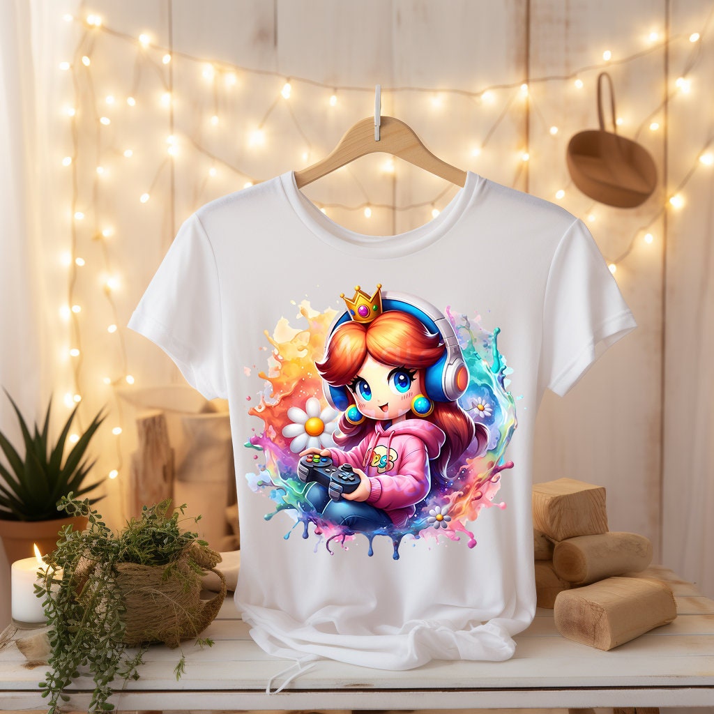 Princess Daisy Gamer Clipart: Watercolor Rainbow Splash (PNG Digital ...