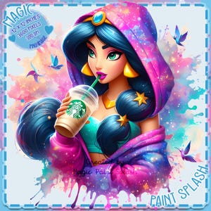 Jasmin in Hoodie w / Coffee Watercolor Splash, Clipart-Bilder, Grafiken und Kunstwerke, Regenbogenästhetik, PNG süße Prinzessin Bilder
