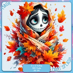 May include: A digital art print featuring a stylized skeleton character wrapped in a beige shawl and surrounded by autumn leaves in shades of red, orange, and yellow. The image includes the text "Magic Paint Splash" and dimensions of 12 x 12 inches.