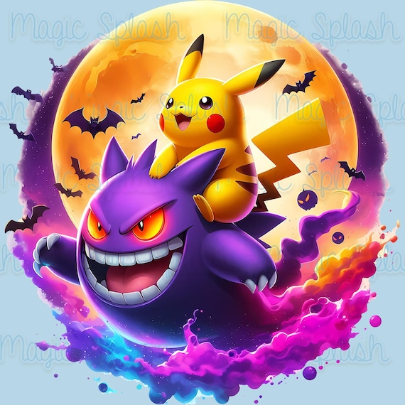 ゲンガーとピカチュウの満月 PNG：不気味な水彩画クリップアート