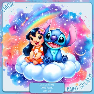 Lilo y Stitch Nubes Acuarela Salpicadura, Imágenes Prediseñadas, Gráficos y Obras de Arte, Estética Arco Iris, Imágenes de Personajes Lindos PNG