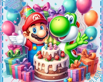 Mario & Yoshi födelsedagsclipart: Akvarell PNG-bilder (digital nedladdning)