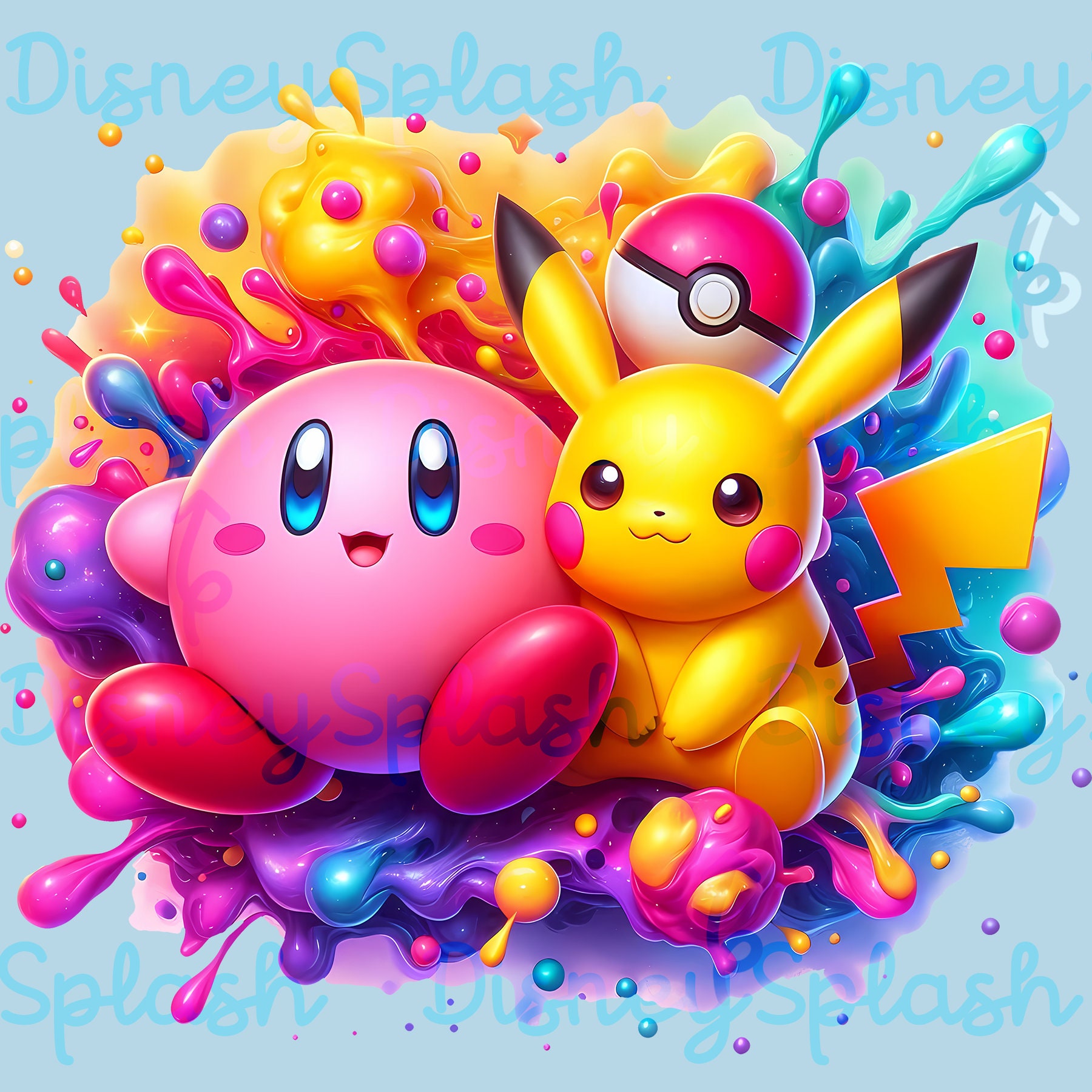 ピカチュウのアクリルアートとカリグラフィー ピカチュウとカービィの水彩クリップアート、レインボースプラッシュ