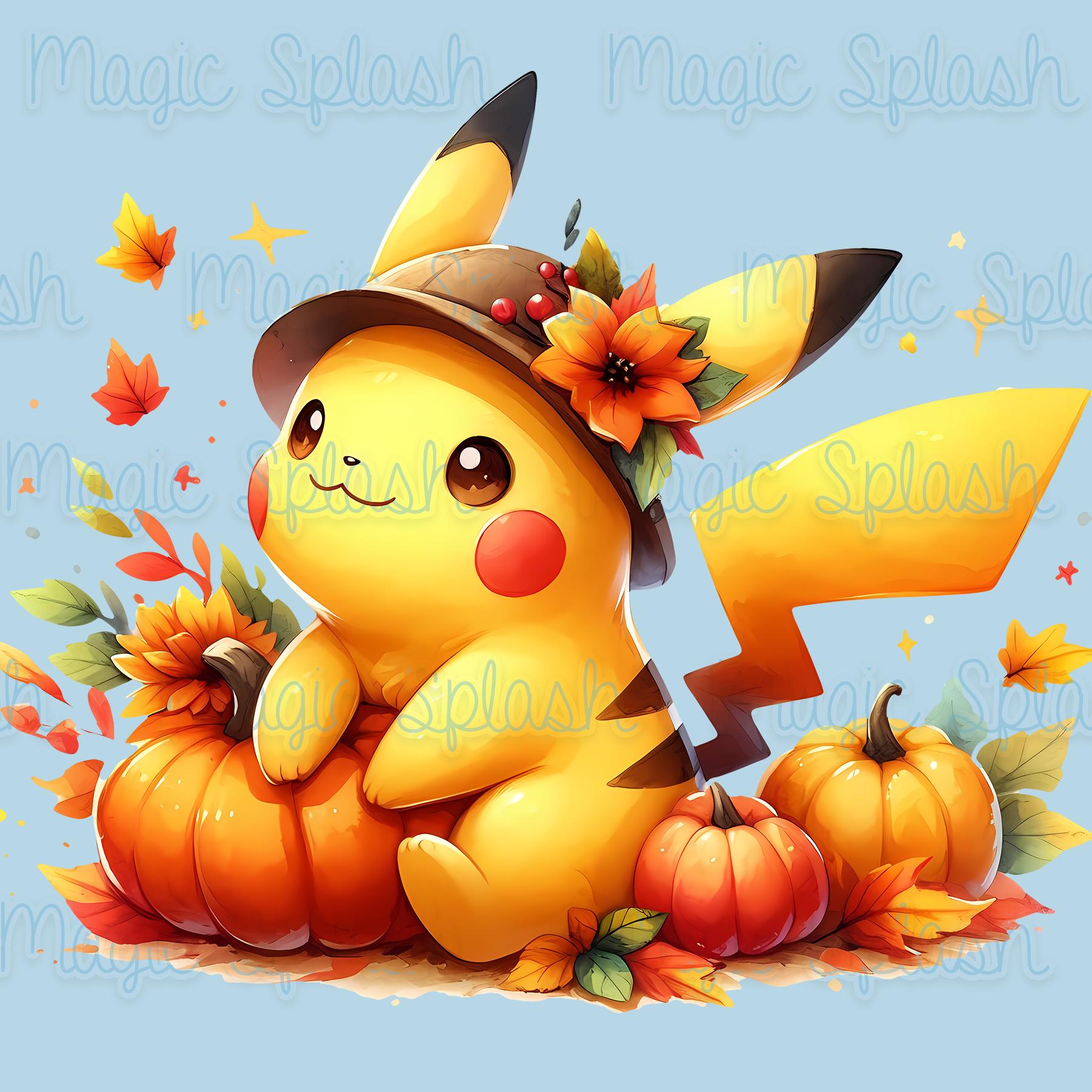 秋のピカチュウ PNG：水彩画の秋のクリップアート（デジタル
