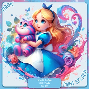 Alice and Cheshire Watercolor Splash, Clipart Images, Graphics and Artwork, Rainbow Aesthetic, PNG Cute Princess Images