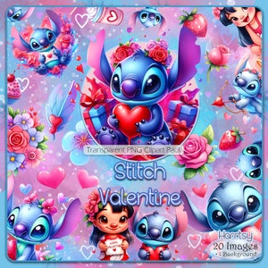 Set di clipart Valentine Stitch, immagini PNG con sfondo trasparente, uso commerciale, arte carina Lilo, download digitale, pacchetti di clipart