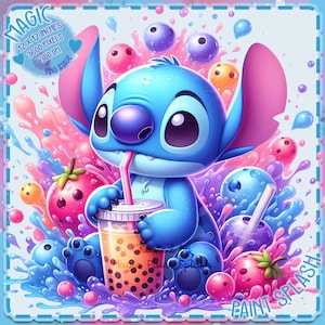 Stitch Drinking Boba Acquerello Splash, Immagini Clipart, Grafica e opere d'arte, Estetica arcobaleno, Immagini PNG primaverili carine