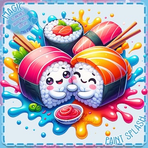 Kawaii Sushi Hug aquarel splash, clipartafbeeldingen, graphics en artwork, esthetiek van de regenboog, aquarel voedsel png-afbeeldingen