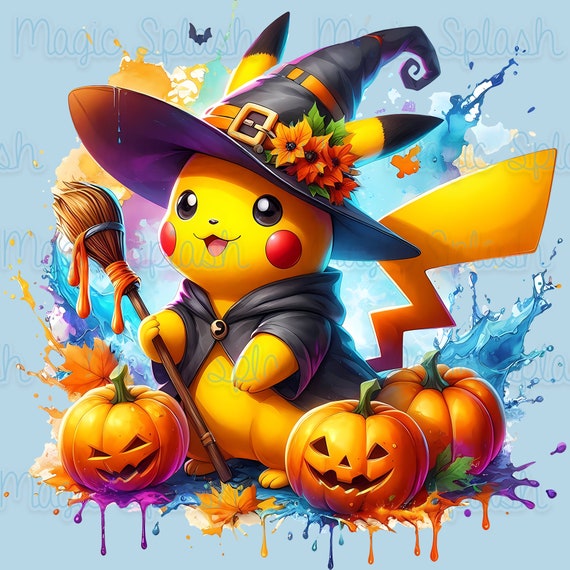 ハロウィン ピカチュウ 魔女 PNG: 水彩クリップアート (デジタル