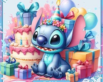 Birthday Stitch Clipart, Watercolor Splash PNG (Digital Download)