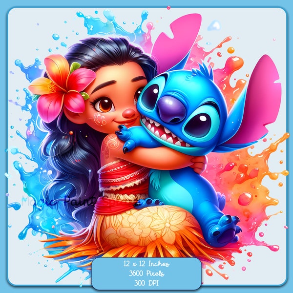 Moana and Stitch Watercolor Splash, Clipart Images, Graphics and Artwork, Rainbow Aesthetic, PNG Little Princess Images