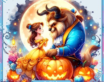 May include: A digital painting of Belle from Beauty and the Beast with the Beast, standing in front of a large, orange pumpkin with a jack-o-lantern face. The background is a night scene with a full moon and stars. The text "PAINT SPLASH" is in the lower right corner of the image.