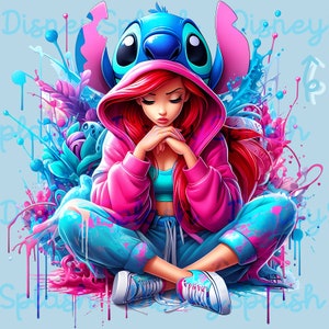 May include: A digital illustration of a woman with red hair wearing a pink hoodie and blue sweatpants, sitting cross-legged. A blue Stitch character is behind her. The background features blue and pink paint splatters and the word "Disney".