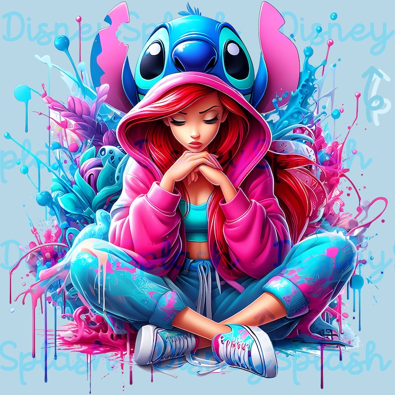 May include: A digital illustration of a woman with red hair wearing a pink hoodie and blue sweatpants, sitting cross-legged. A blue Stitch character is behind her. The background features blue and pink paint splatters and the word "Disney".