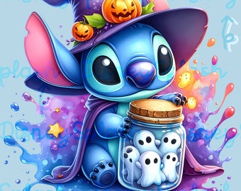 スティッチのハロウィンゴーストジャー：水彩PNGクリップアート