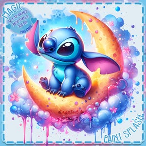 Stitch on Moon Acquerello Splash, Immagini Clipart, Grafica e opere d'arte, Estetica arcobaleno, Immagini PNG di personaggi carini