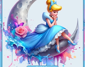 Cinderella on the Moon Clipart: Watercolor Princess Image (PNG)