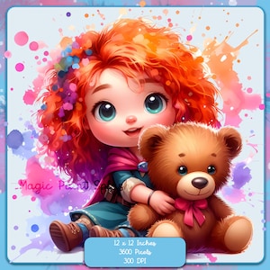 Puede incluir: Una ilustración digital de una niña joven con cabello largo rojo y ojos azules, vistiendo un vestido azul y verde y una capa roja, sosteniendo un oso de peluche marrón con un lazo rosa. El fondo es azul claro con salpicaduras de acuarela rosa y púrpura.