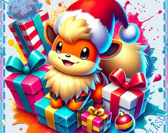 Christmas Growlithe PNG, Watercolor Clipart, Rainbow Aesthetic (Digital Download)