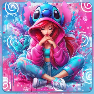 May include: A digital art print featuring a stylized illustration of Ariel from The Little Mermaid, wearing a pink hoodie and blue sweatpants, with Stitch from Lilo & Stitch in the background. The artwork has a vibrant color palette of pinks, blues, and turquoise.