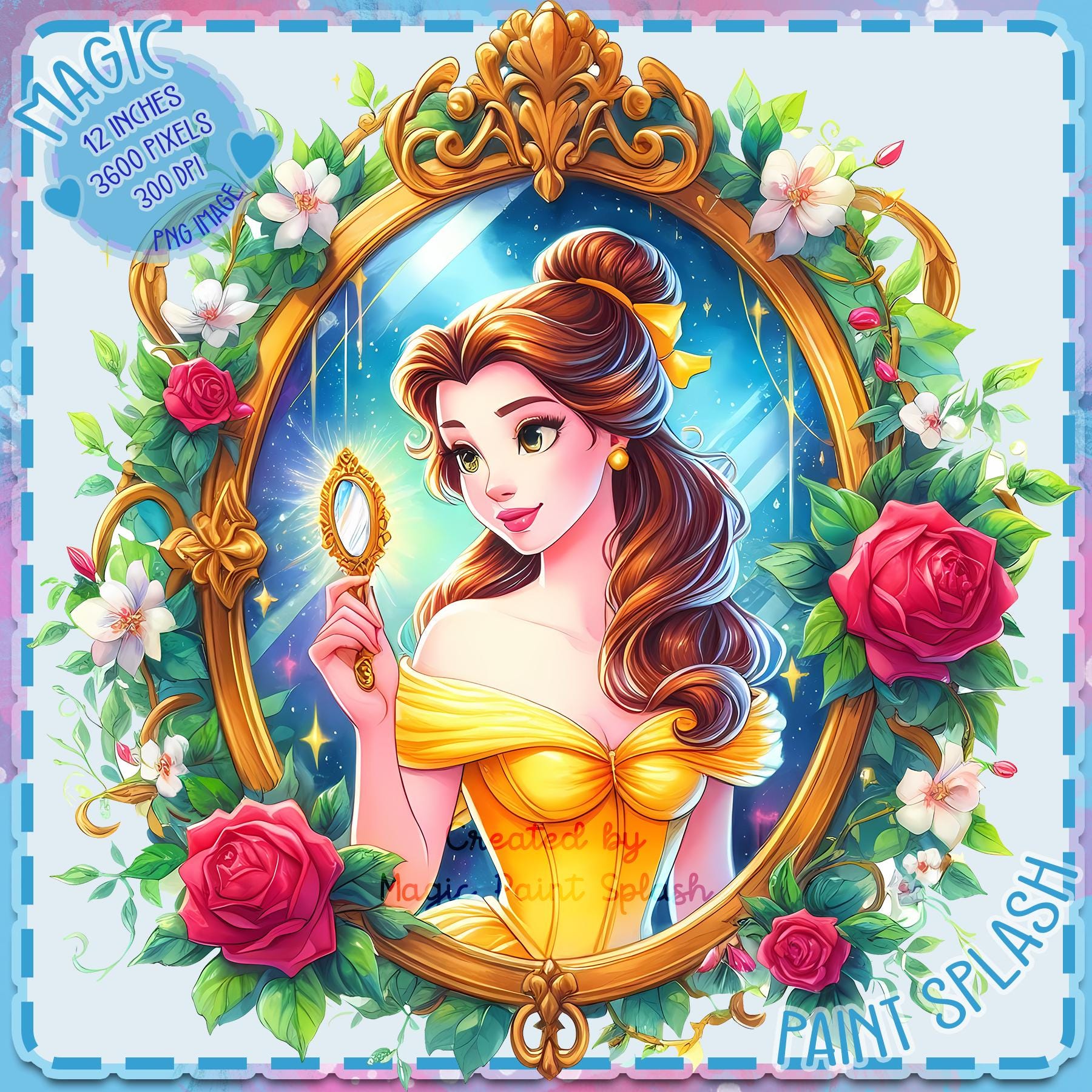 Imagen prediseñada del espejo encantado de Bella, salpicadura de acuarela PNG, gráficos e ilustraciones, estética arcoíris, imágenes de princesas adorables