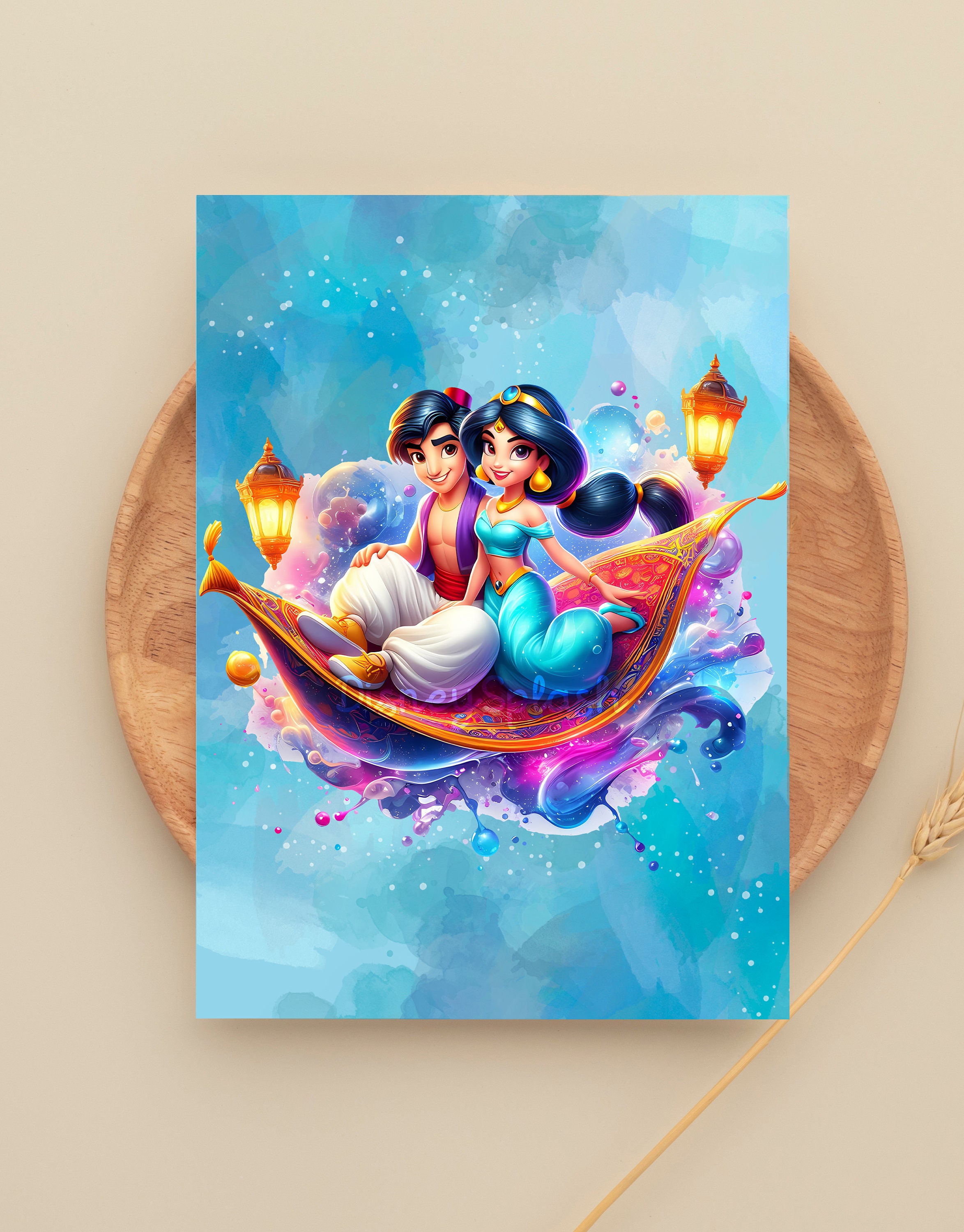 アラジンとジャスミンのカーペットライドクリップアート：水彩