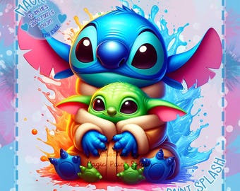 Stitch and Grogu Watercolor Clipart: Rainbow PNG Image (Digital Download)