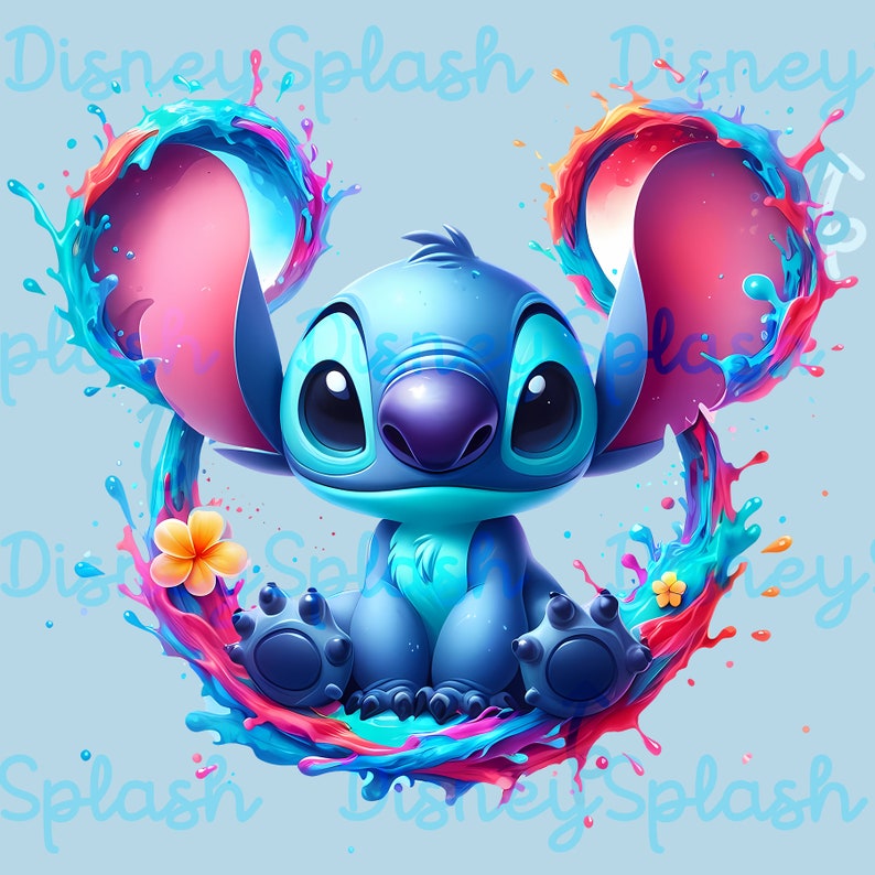 May include: A blue Stitch character from Disney's Lilo & Stitch sits in a colorful splash of paint. The paint is in shades of blue, pink, orange, and yellow. The background is light blue.