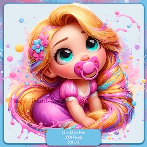 Baby Rapunzel Aquarell Splash, Clipart-Bilder, Grafiken und Kunstwerke, Regenbogen Ästhetik, PNG süße kleine Prinzessin Bilder
